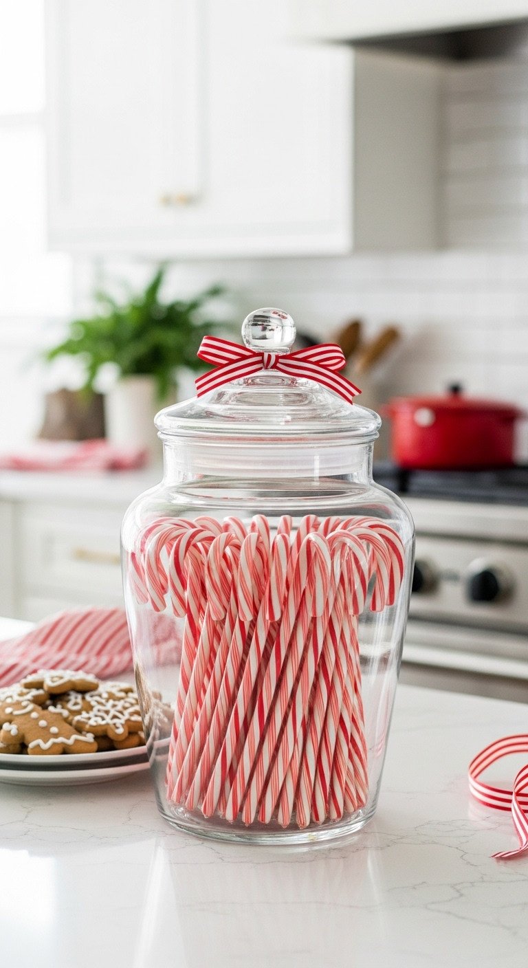 Kitchen counter large glass apothecary jar colorful candy canes gingerbread cookies ribbon bright daylight bokeh