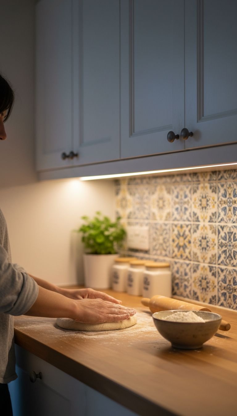 Kitchen counter lit by warm under-cabinet LEDs at dusk, person kneading chapati dough on wooden surface. Functional task lighting.