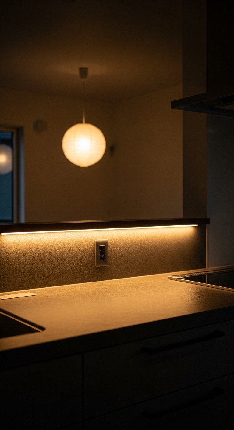 Kitchen countertop illuminated by under cabinet LED lighting with a soft glow and blurred paper lantern