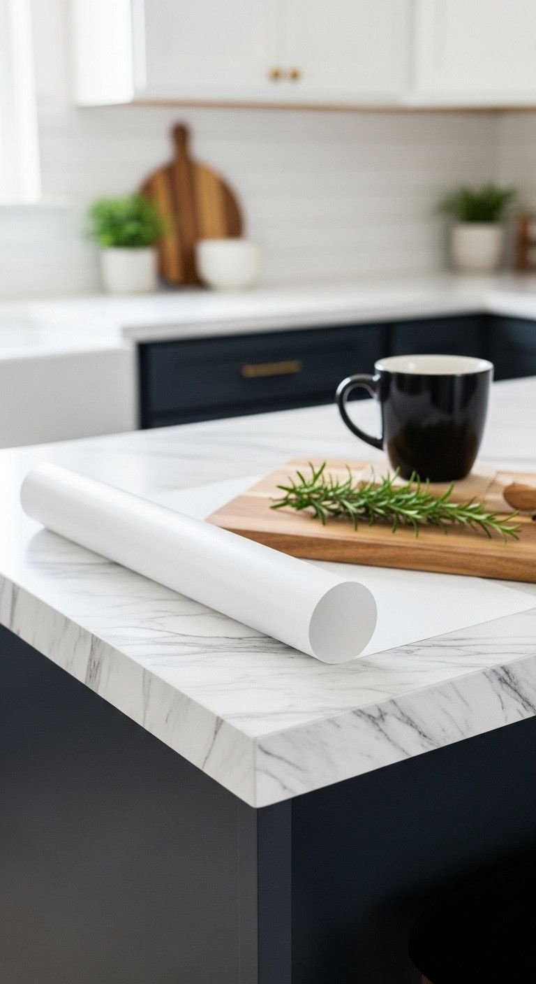 Effortless Farmhouse Kitchen Ideas For Any Apartment 5 Kitchen countertop transformed with marble-look contact paper, displaying gray veining. Styled with a cutting board and coffee mug for DIY decor.