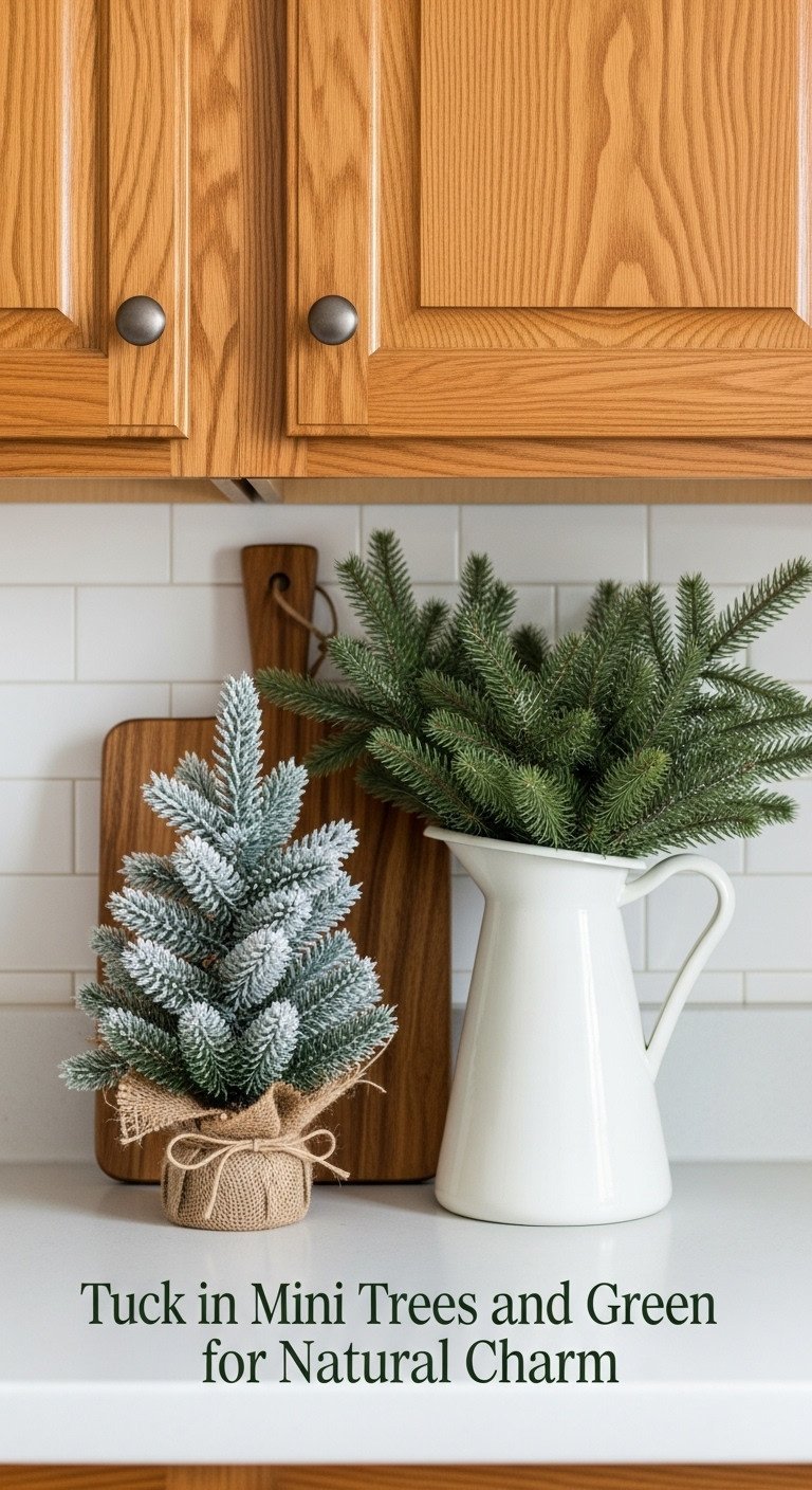 Kitchen countertop vignette with frosted mini Christmas tree wooden cutting board and white pitcher with fresh pine sprigs against oak cabinets