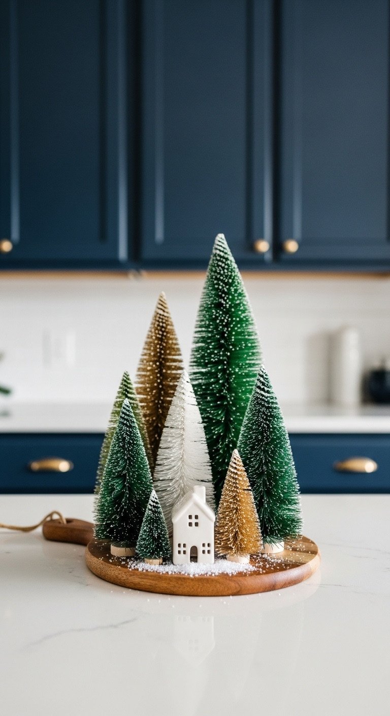 Kitchen countertop vignette with green white and gold bottlebrush Christmas trees and a ceramic house against navy cabinets