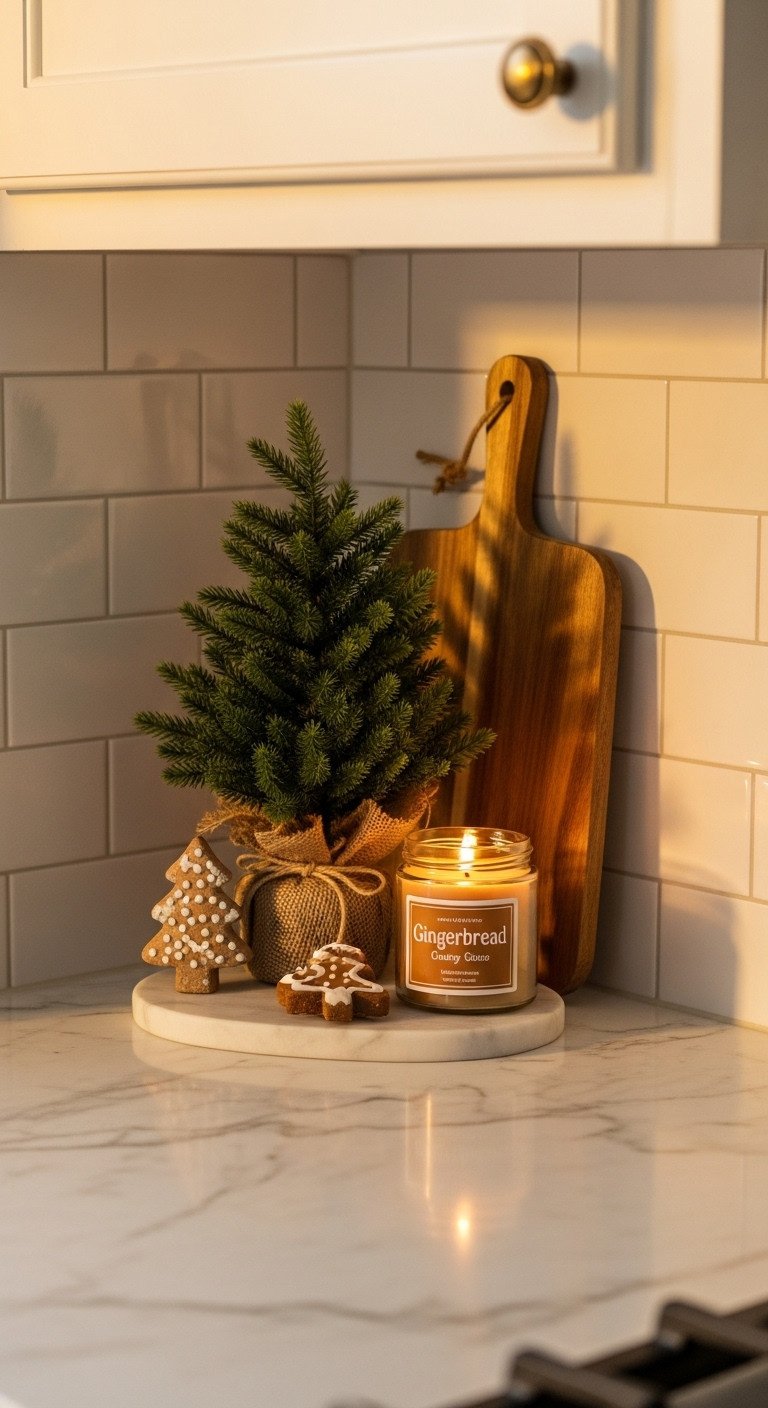Kitchen countertop with a festive Christmas vignette including a mini tree gingerbread candle and wooden cutting board