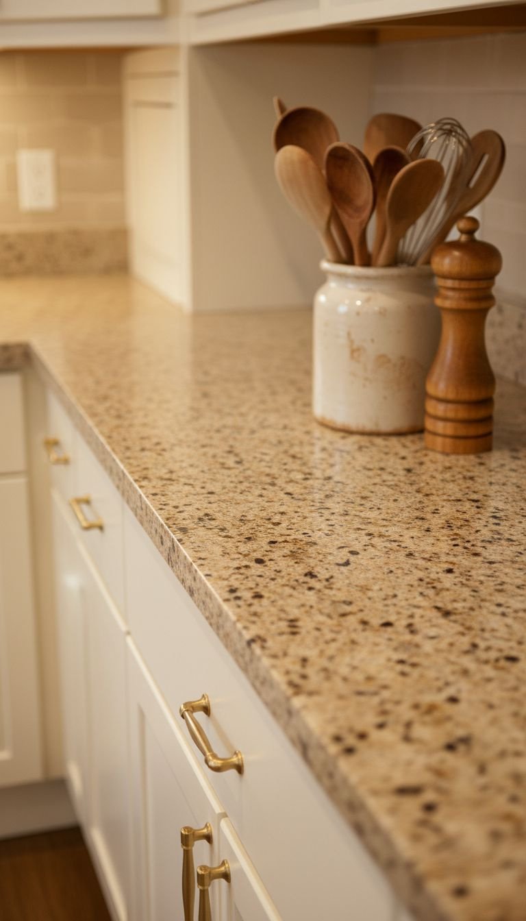 Kitchen countertop with faux granite paint kit, speckled beige, brown, black finish, utensil holder, and salt grinder.