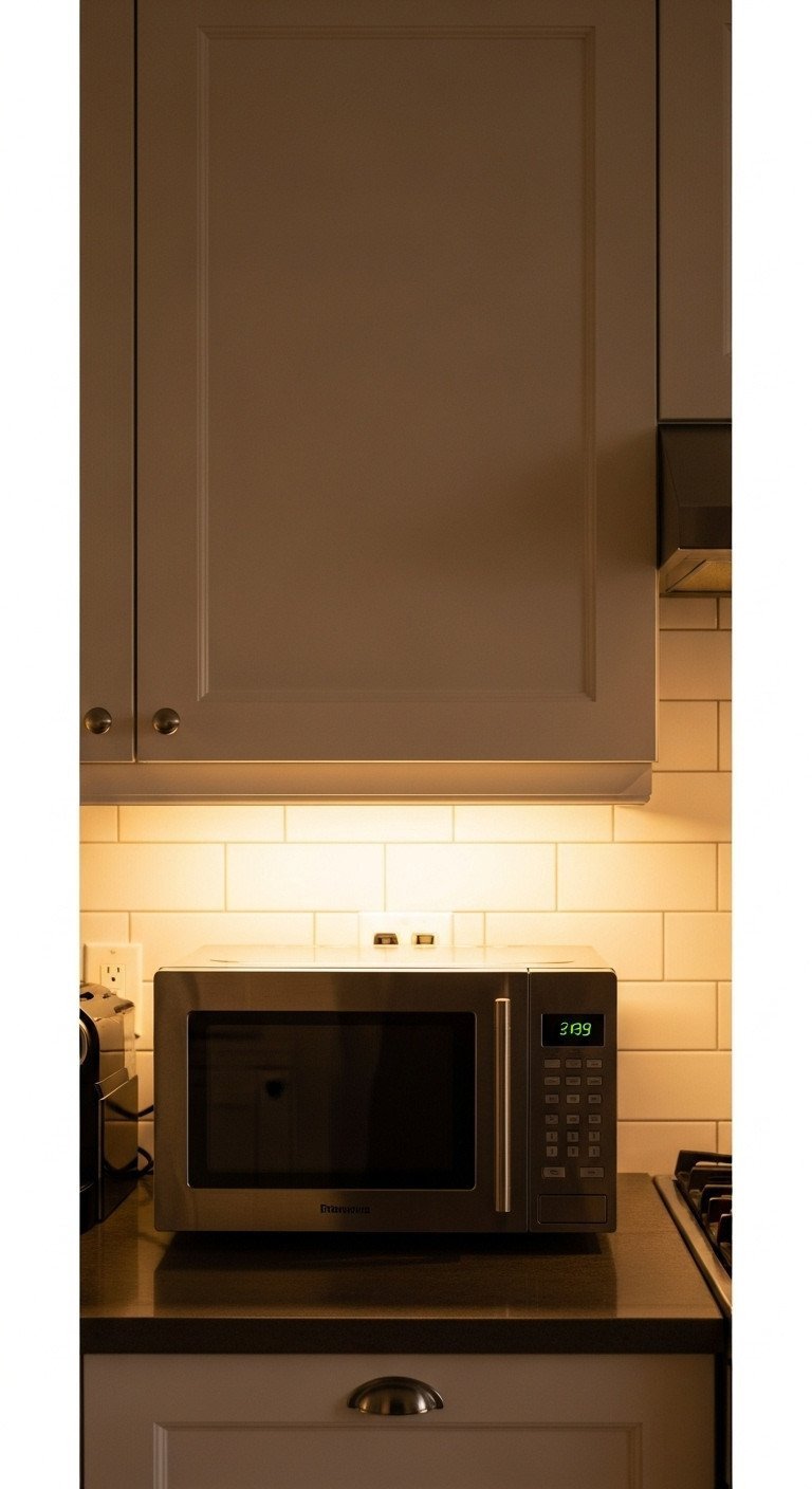 Kitchen countertop with microwave, soft warm LED glow from behind. Illuminated tile backsplash. Cozy ambiance, subtle home lighting design.