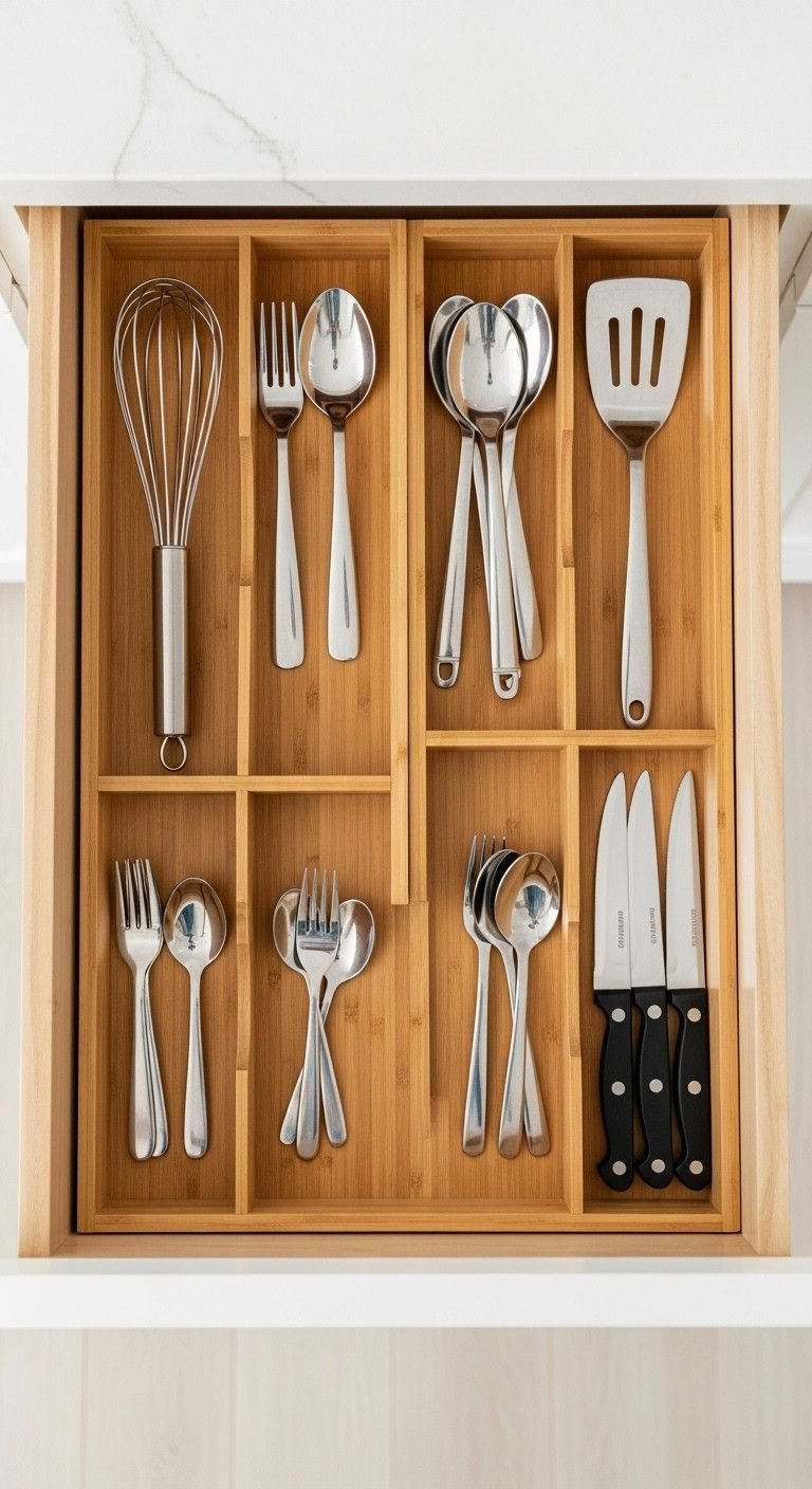Small Studio Apartment Kitchen Designs That Actually Work 11 Kitchen drawer with bamboo expandable dividers organizing forks, spoons, knives, spatulas. Smart utensil storage.