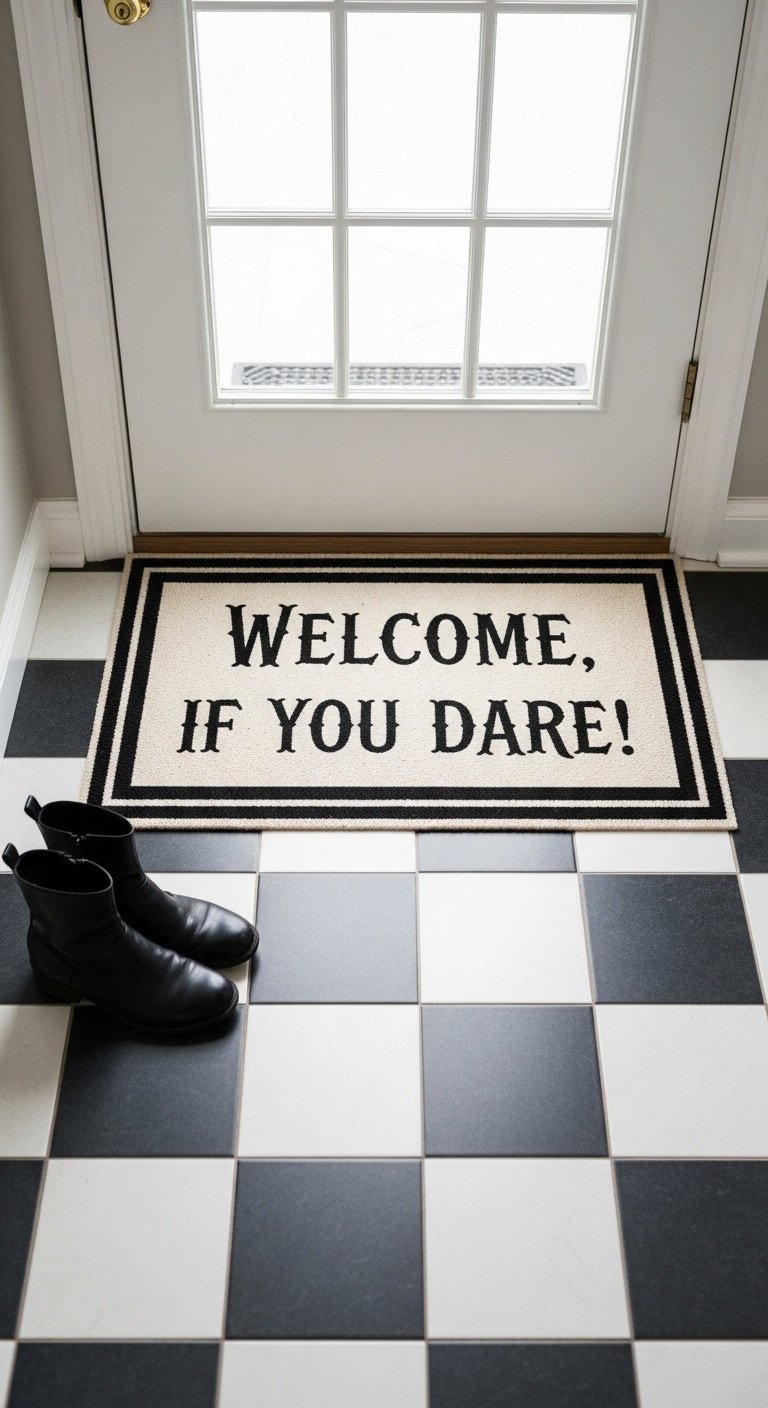 Kitchen entryway with a spooky doormat style kitchen mat saying playful warning