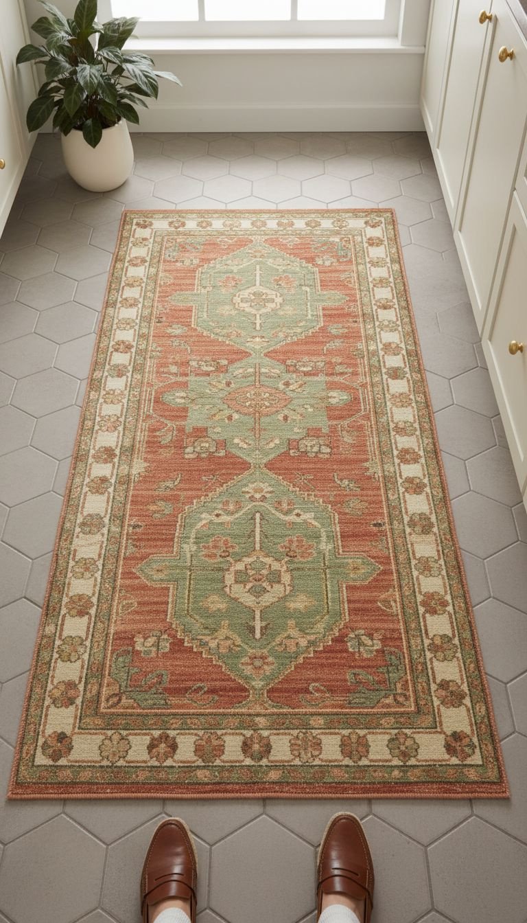 11 Brilliant Apartment Kitchen Ideas On A Budget For Renters 10 Kitchen floor: vintage runner rug, terracotta, sage green, cream. Adds warmth, personality. DIY home decor.