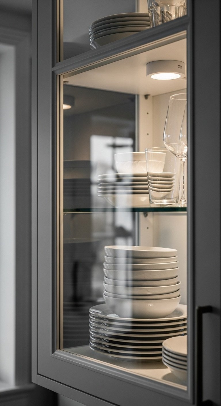 Kitchen glass-front cabinet with internal LED light, illuminating white ceramic plates and glassware. Elegant accent lighting home decor.