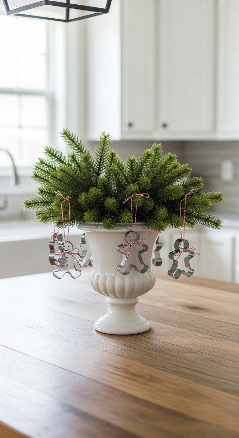 Kitchen island centerpiece with white ceramic urn faux evergreen stems and gingerbread man cookie cutters