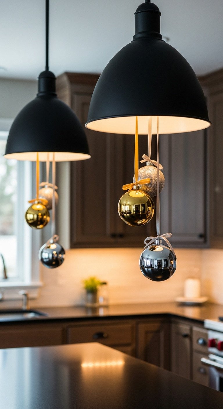 Kitchen island with dark wood cabinets and elegant gold and silver Christmas ornaments hanging from black metal pendant lights