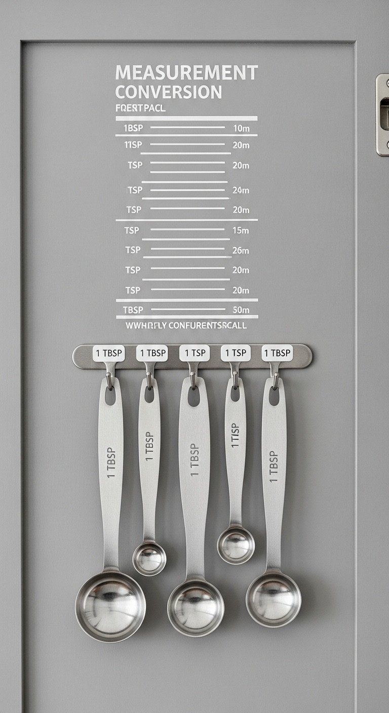Kitchen measurement conversion chart decal with stainless steel measuring spoons on a gray cabinet door