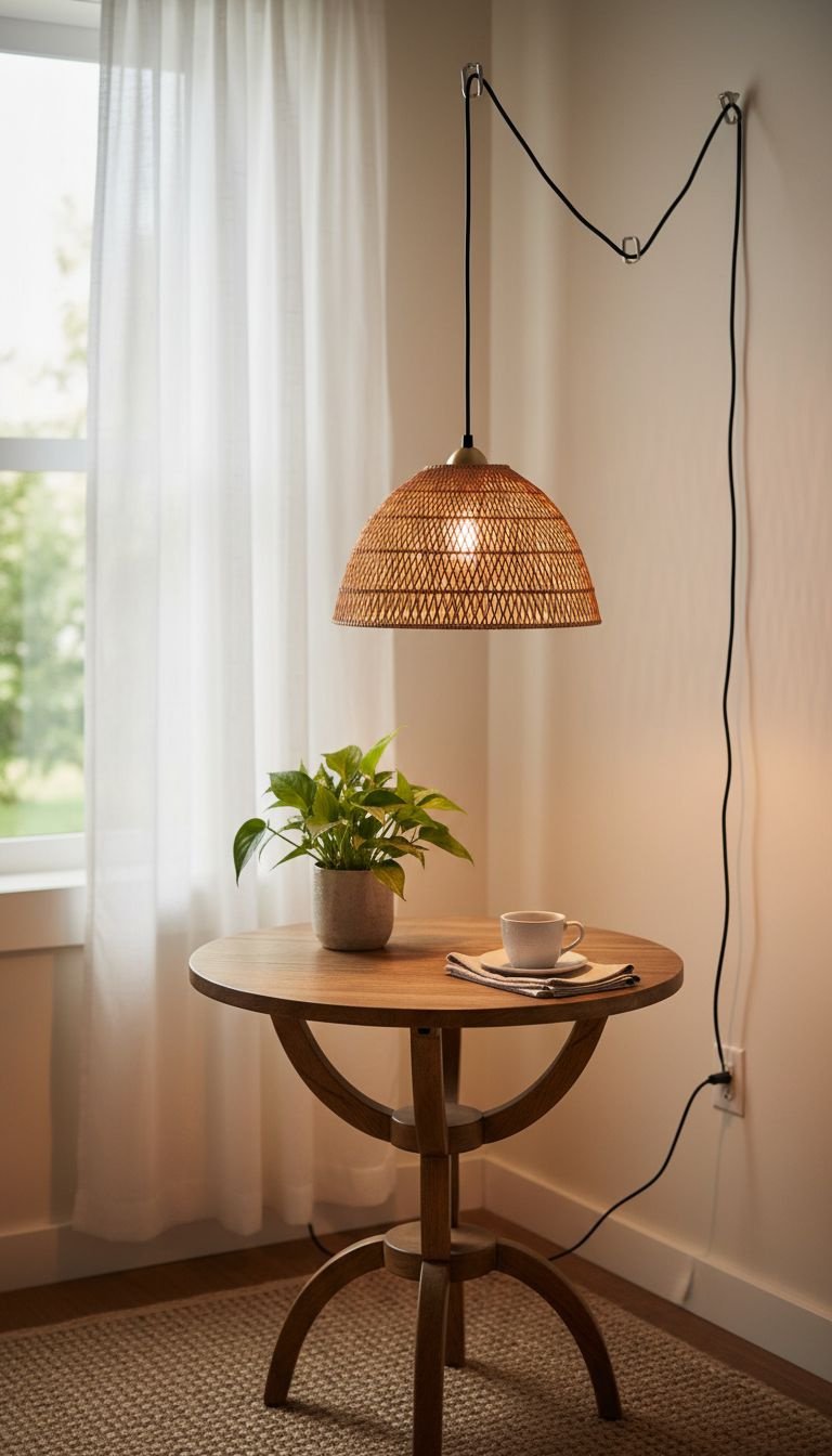 11 Brilliant Apartment Kitchen Ideas On A Budget For Renters 18 Kitchen nook: plug-in rattan pendant light over bistro table. Warm ambient light, DIY rental solution.