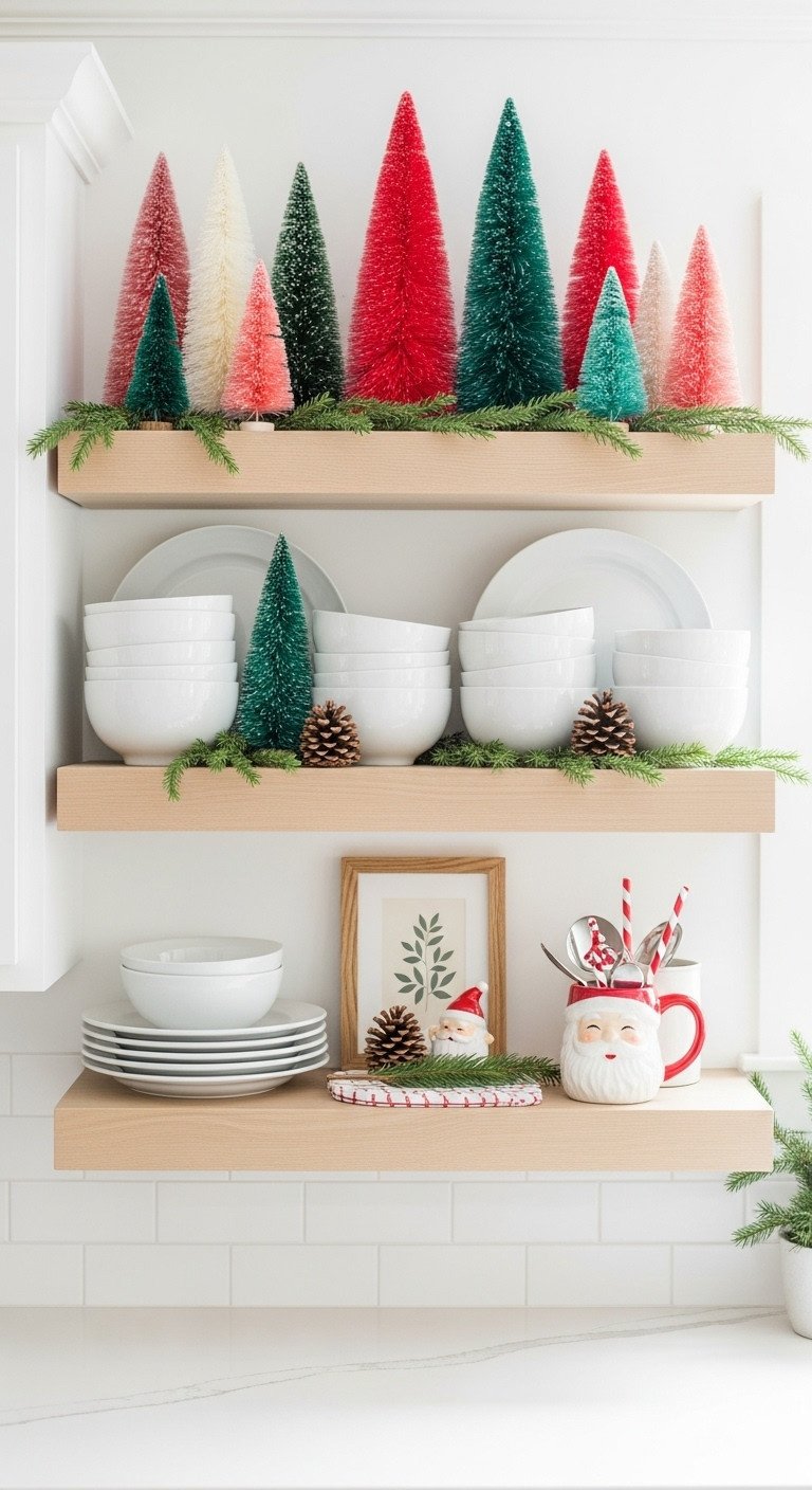 Kitchen open shelving Christmas decor everyday white dishes bottlebrush trees pinecones Santa mug framed art