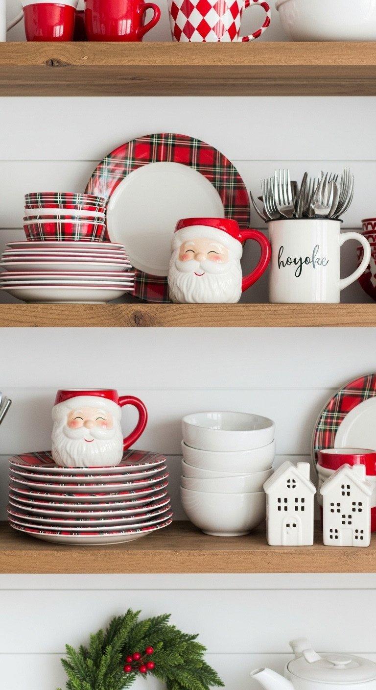 Kitchen open shelving Christmas themed dishes vintage Santa mugs plaid plates white ceramic houses bright daylight
