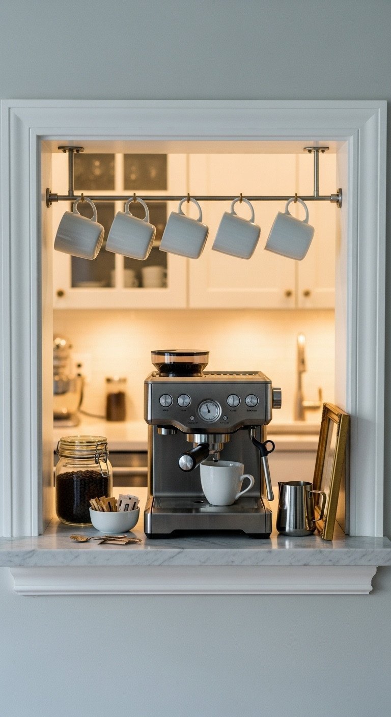 Kitchen pass-through coffee station featuring an espresso machine, white mugs on rack, sugar, milk frother. Cozy DIY home decor.