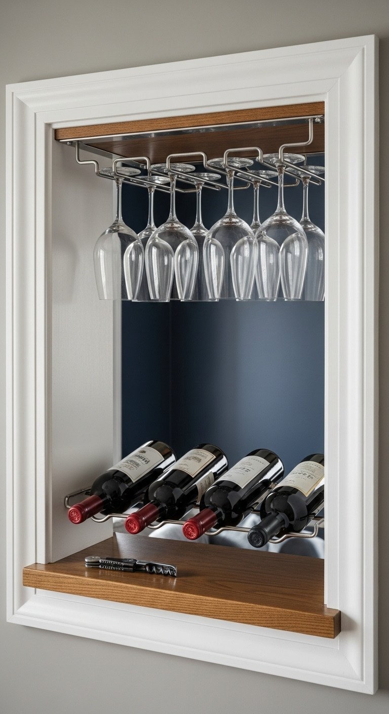Kitchen pass-through converted to wine and glass rack. Sparkling glasses, red wine bottles, corkscrew. DIY home bar storage.