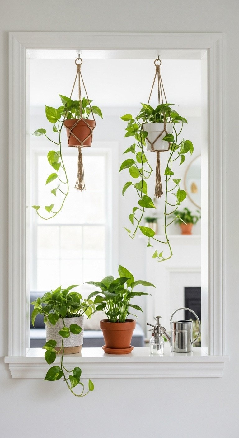 Kitchen pass-through plant shelf with lush potted plants, trailing pothos, hanging planters. Vibrant green DIY home decor.