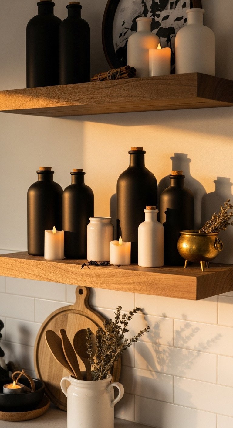 Kitchen shelf with matte black and white potion bottles
