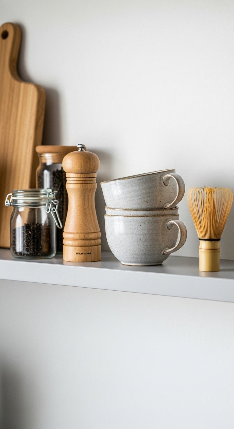 Kitchen shelf with minimalist wooden pepper grinder stacking ceramic mugs glass jar of tea leaves and bamboo whisk in natural light