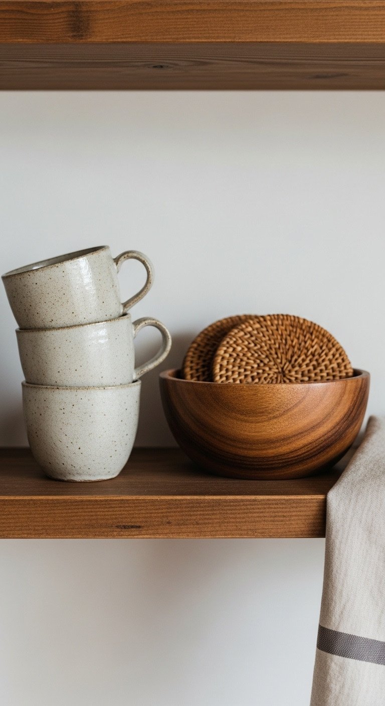 Kitchen shelf with rough earthenware mugs smooth wooden bowl woven coasters and linen tea towel in warm golden hour light