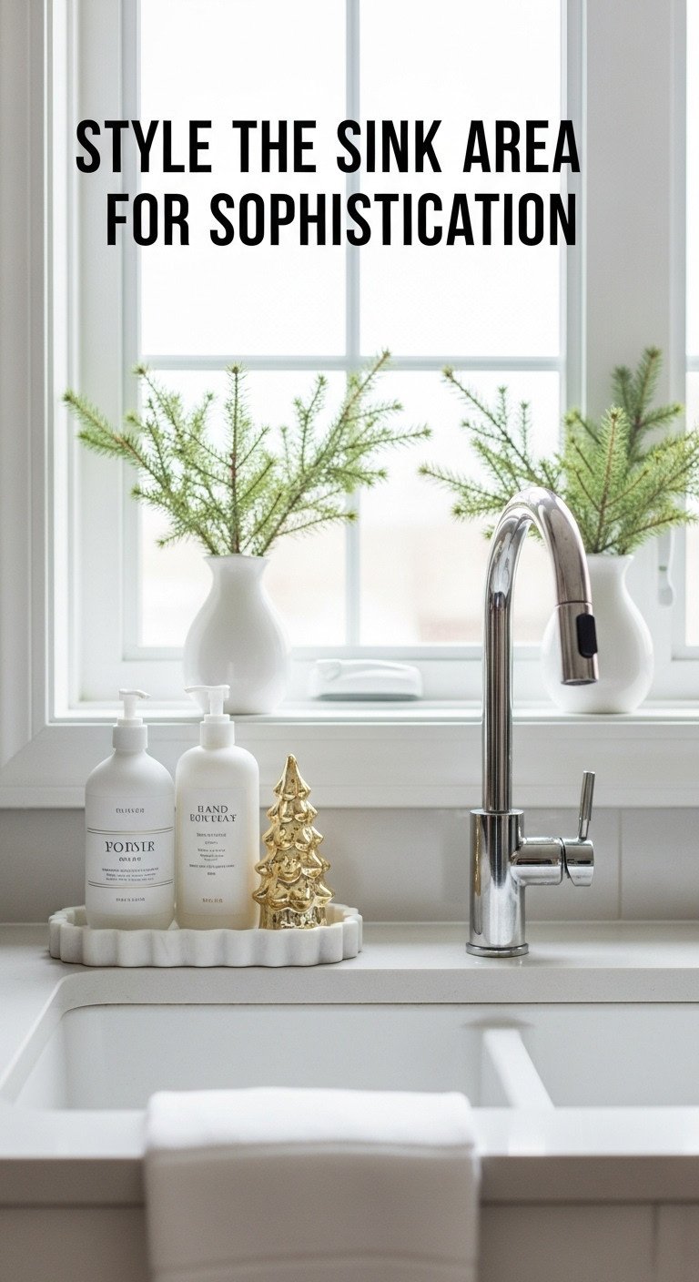 Kitchen sink area with marble tray white and gold hand soap bottles and a tiny gold Christmas tree