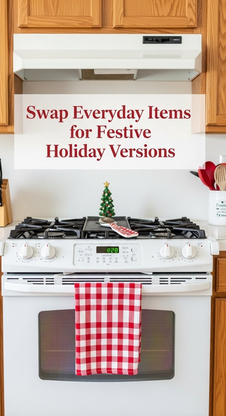 Kitchen stove with festive red and white plaid dish towel on oven handle and holiday spoon rest against oak cabinets