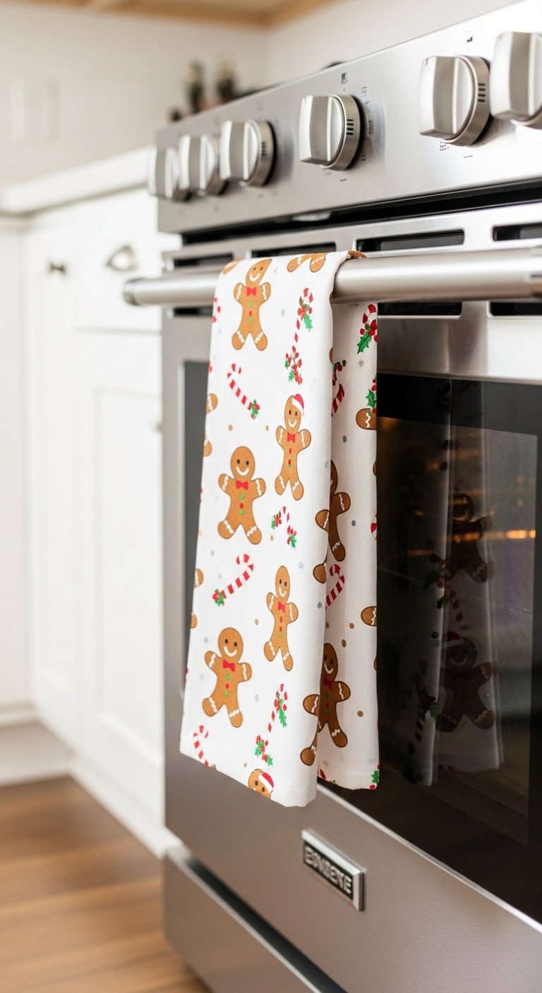 Kitchen themed towel with gingerbread men and candy cane pattern on a stainless steel oven handle