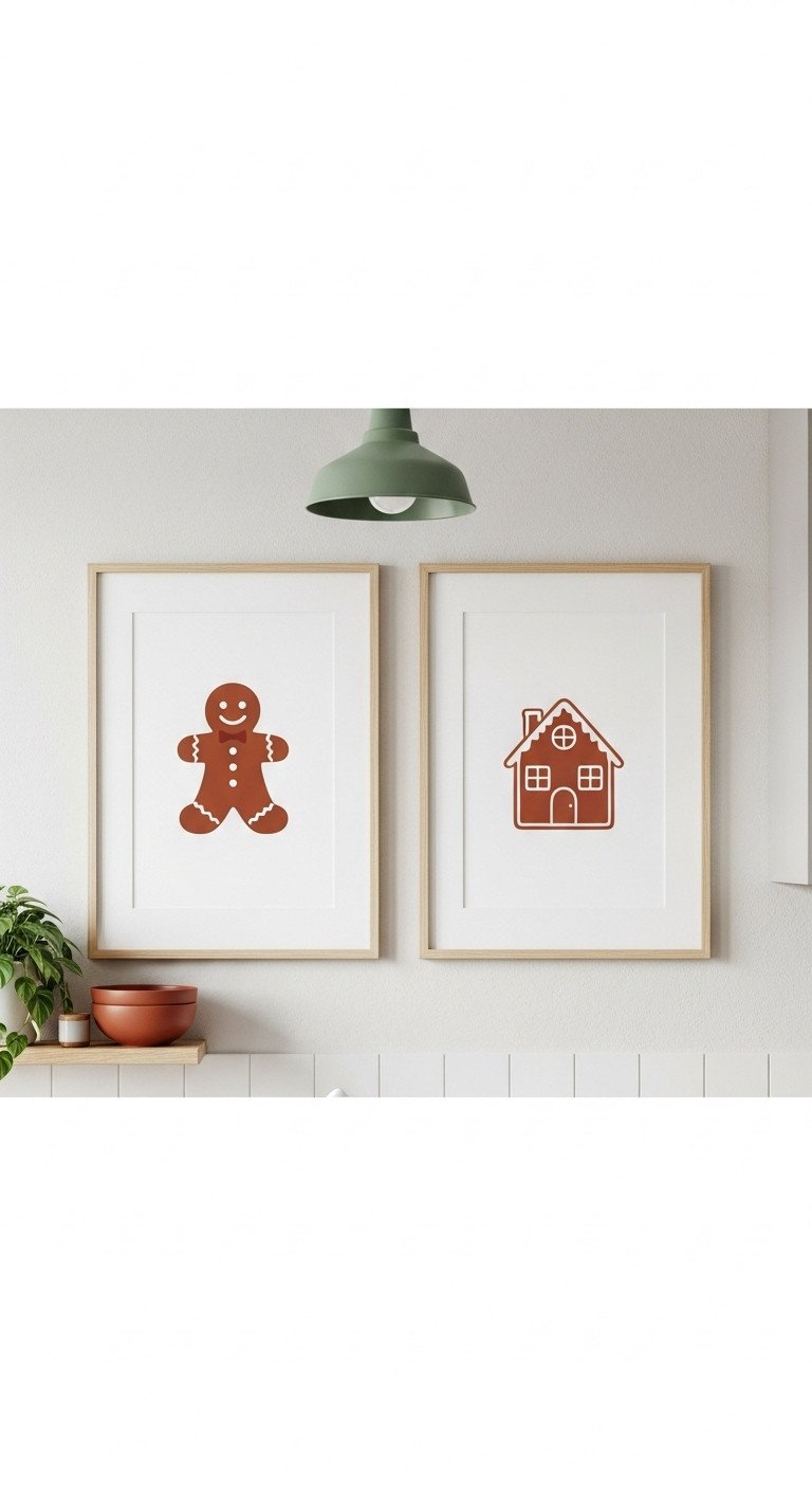 Kitchen wall festive art with two light wood frames displaying gingerbread man and house prints