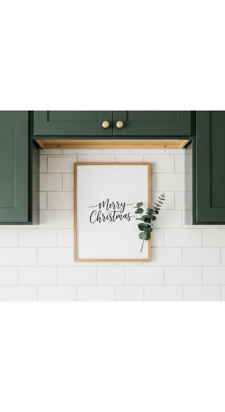 Kitchen wall with white subway tile backsplash and dark green cabinets featuring a framed Merry Christmas art print and eucalyptus sprig