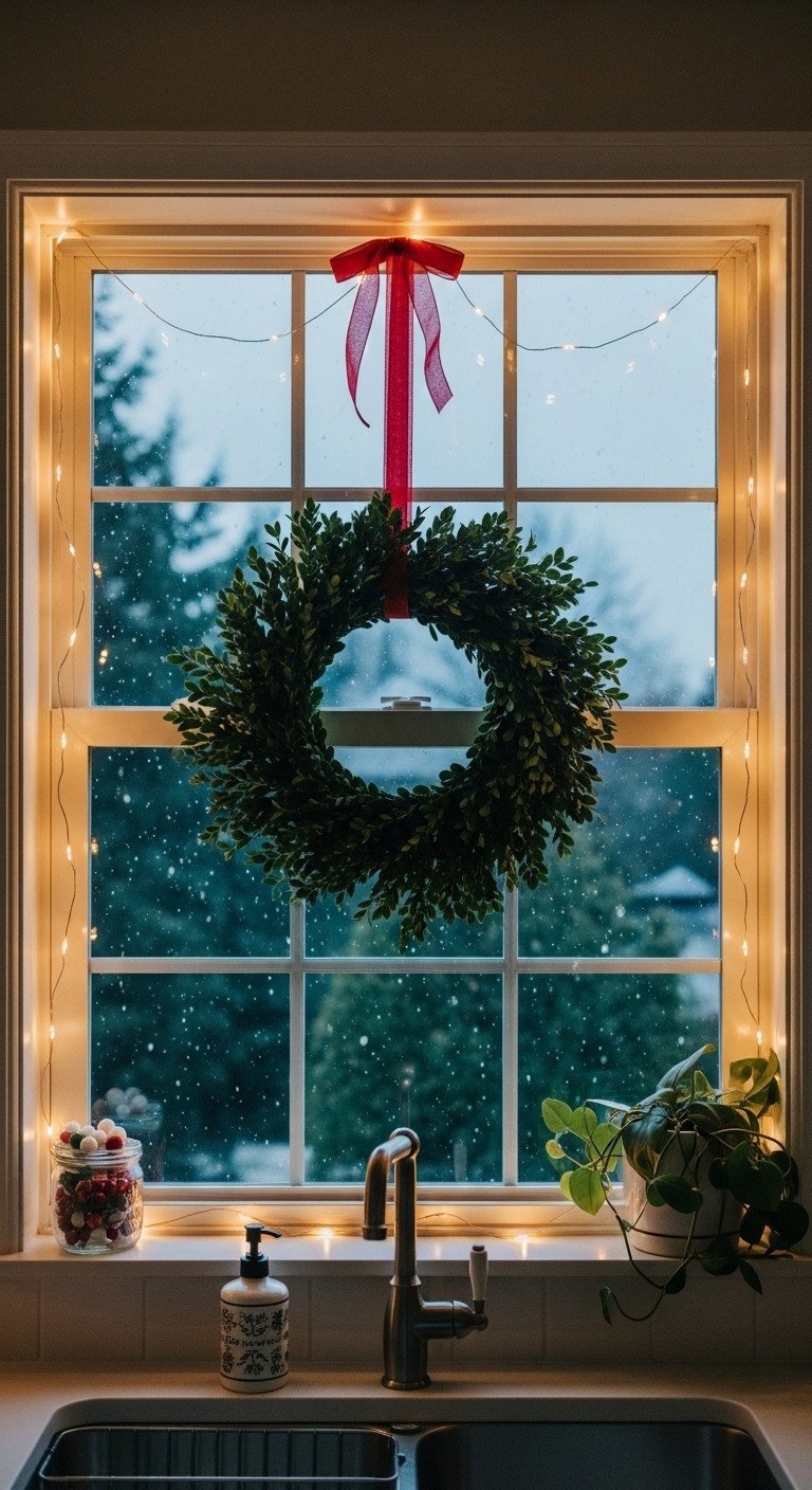 Kitchen window decorated with square boxwood wreath and fairy lights at dusk with softly falling snowflakes cozy festive scene