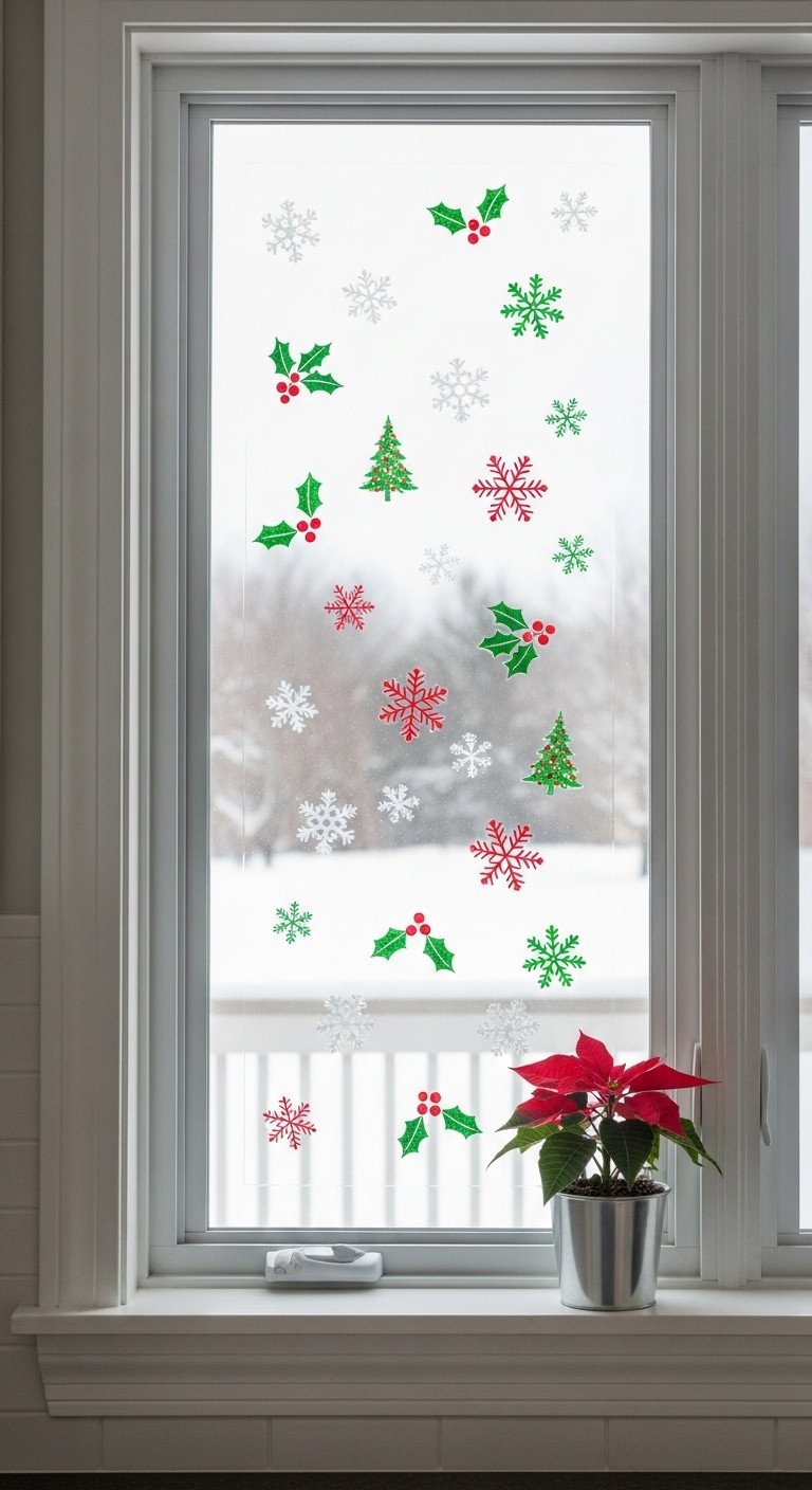 7 Genius Dollar Tree Christmas Kitchen Decor Ideas 3 Kitchen window with festive snowflake and holly gel clings a poinsettia on the sill and a blurred snowy outdoor scene