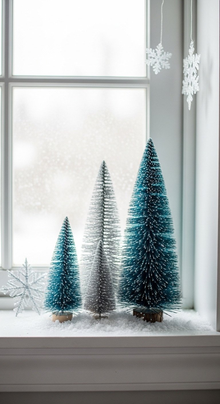 7 Genius Dollar Tree Christmas Kitchen Decor Ideas 13 Kitchen windowsill with faux snow and small silver and blue glittery bottle brush trees and a snowflake decal on a frosty window