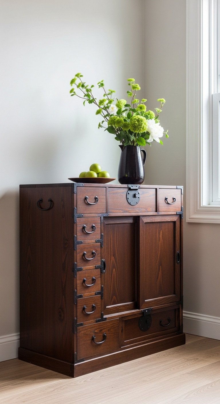 Kitchen with Tansu-inspired dark wood storage chest multiple drawers and sliding doors with ikebana arrangement in natural light