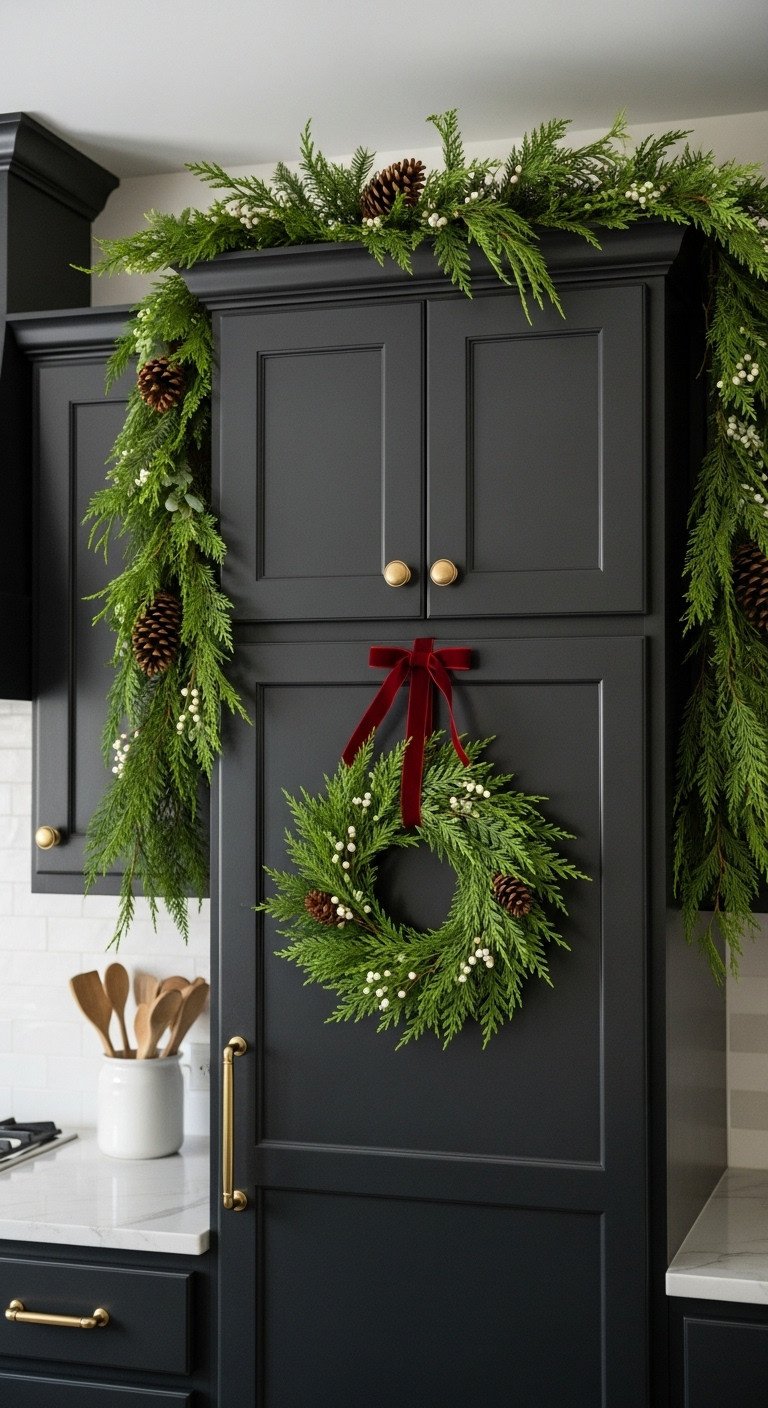 Kitchen with dark shaker cabinets adorned with lush cedar and pine garland and a mini wreath with red velvet ribbon