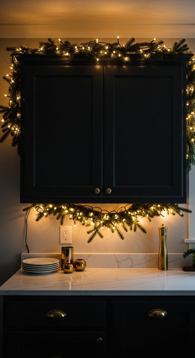 Kitchen with matte black cabinets at dusk featuring warm white fairy lights woven through evergreen garland casting a magical glow