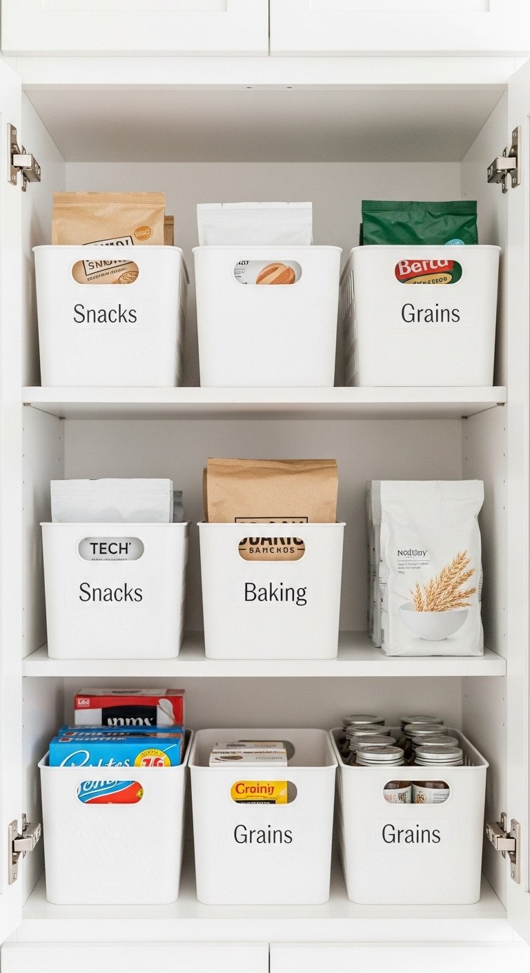Labeled white plastic storage bins with snacks baking and grains in an open kitchen cupboard