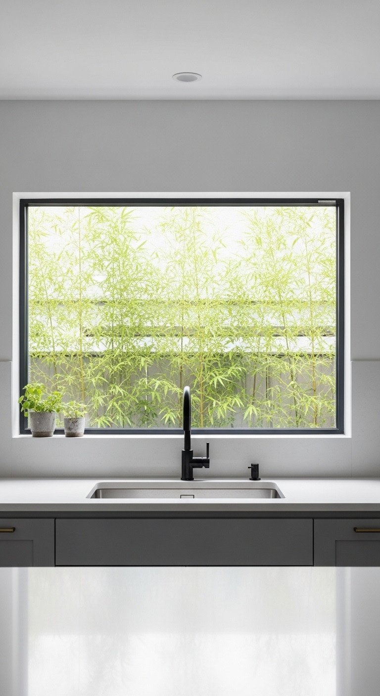 Large black framed kitchen window over sink with lush green garden bamboo view