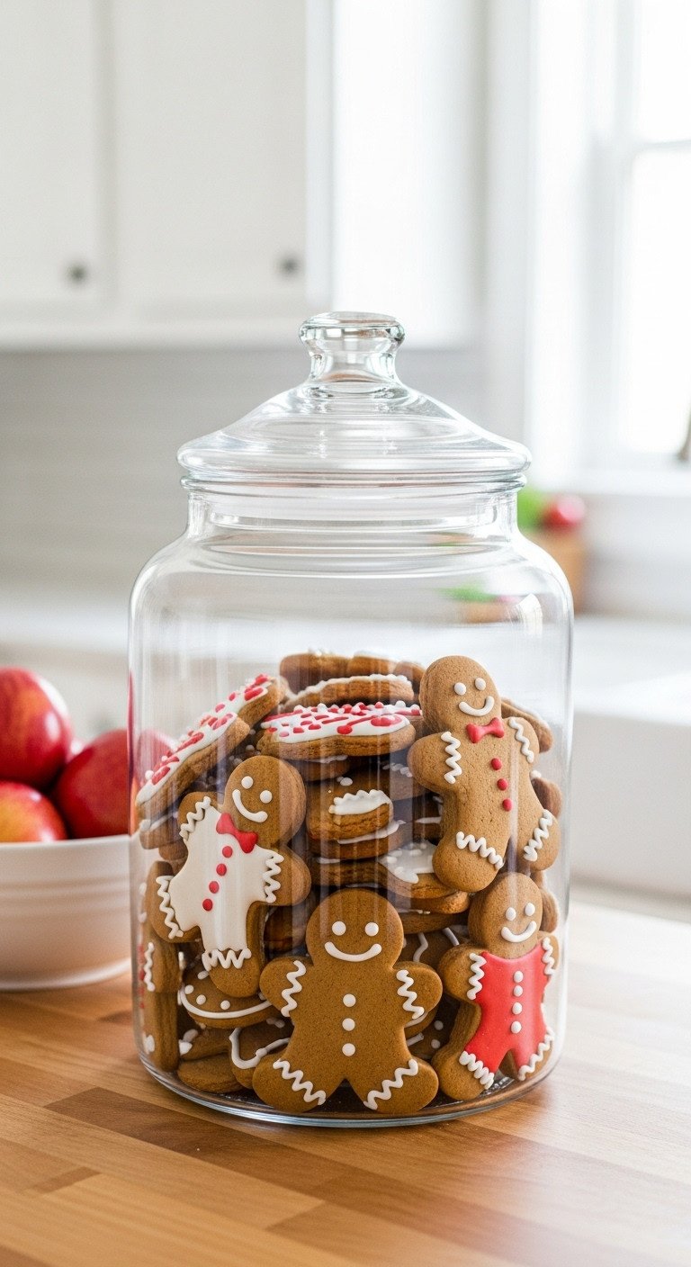 Large glass cookie jar filled with festive gingerbread man cookies on a kitchen butcher block countertop
