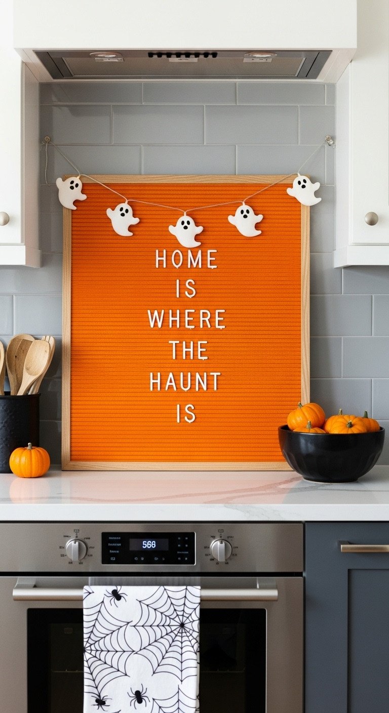 Large orange felt letter board in a kitchen reads Home is Where the Haunt Is with ghost fairy lights and pumpkins