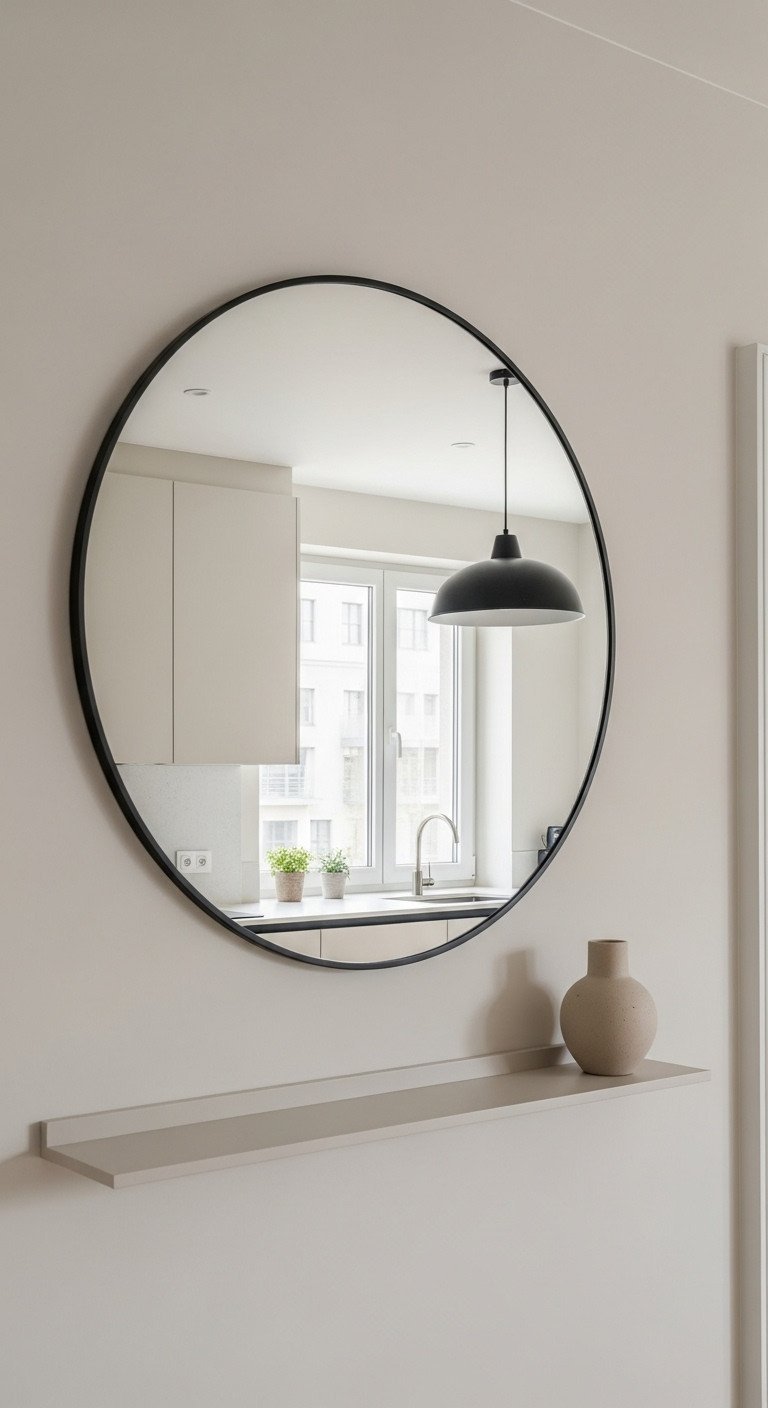 Large round entryway mirror with black frame reflecting bright kitchen window. Creates depth, has floating shelf with vase.