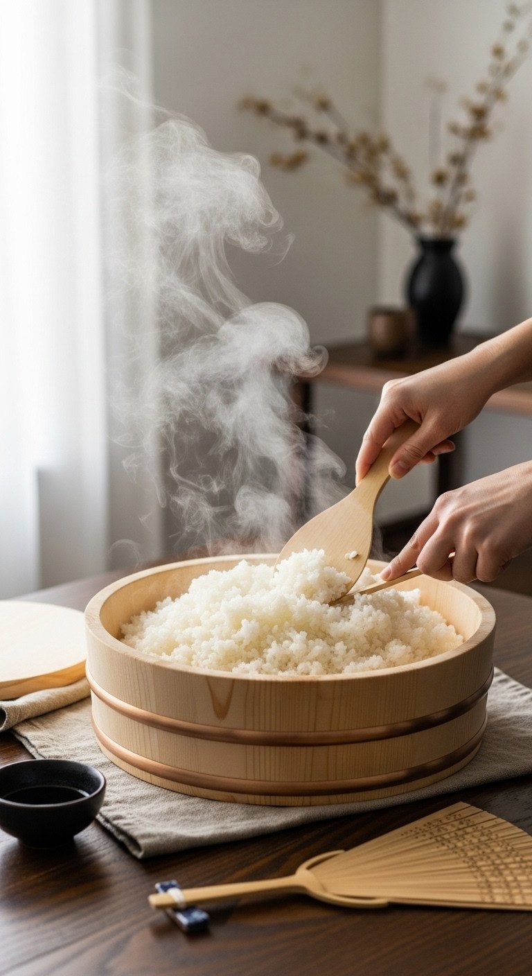 Large wooden hangiri tub filled with steaming glossy sushi rice and wooden rice paddle on dark wooden table in bright daylight