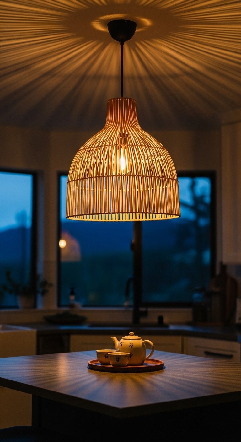 Large woven bamboo pendant light casting warm glow on a dark stone kitchen island