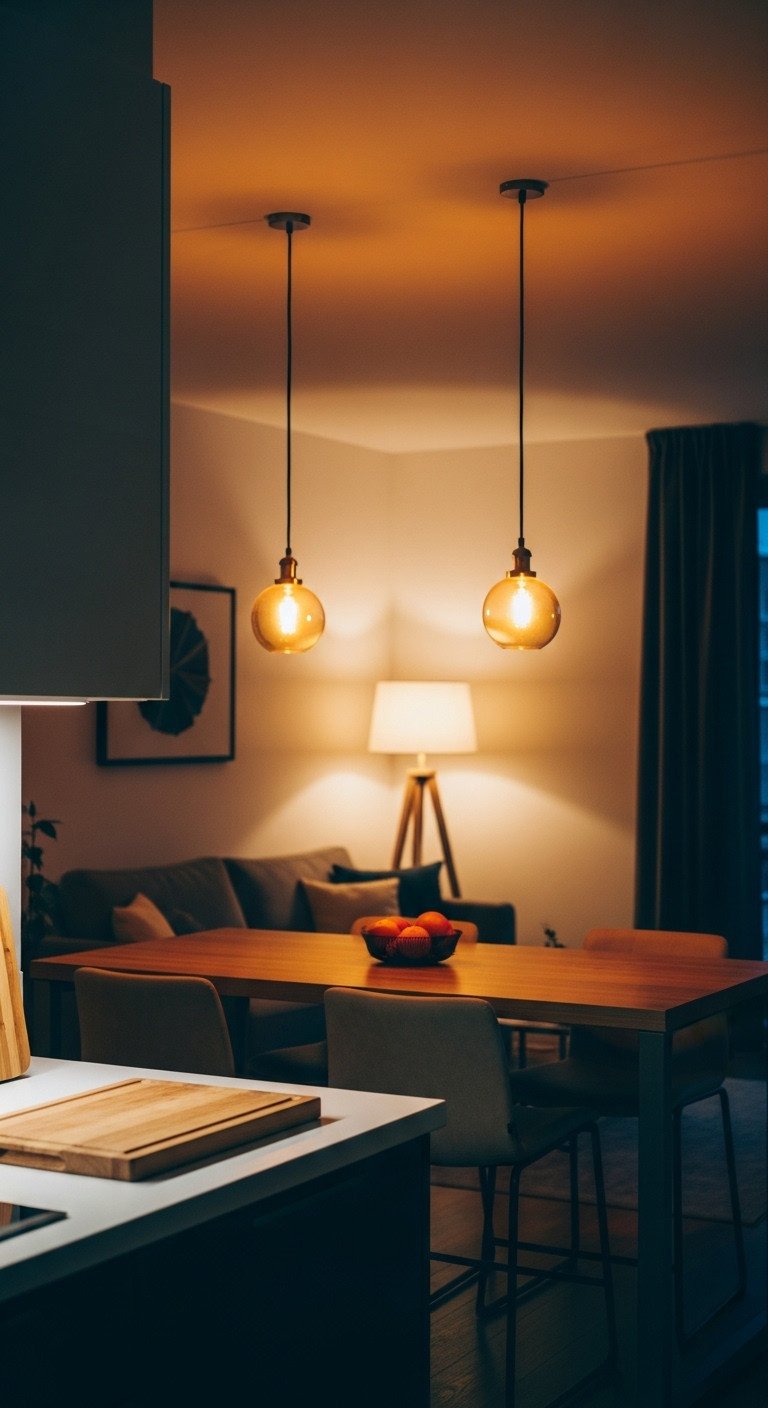 9 Open Concept Kitchen Ideas To Maximize Your Apartment Space 10 Layered lighting at dusk: under-cabinet LEDs, kitchen island pendants, ambient floor lamp in apartment.