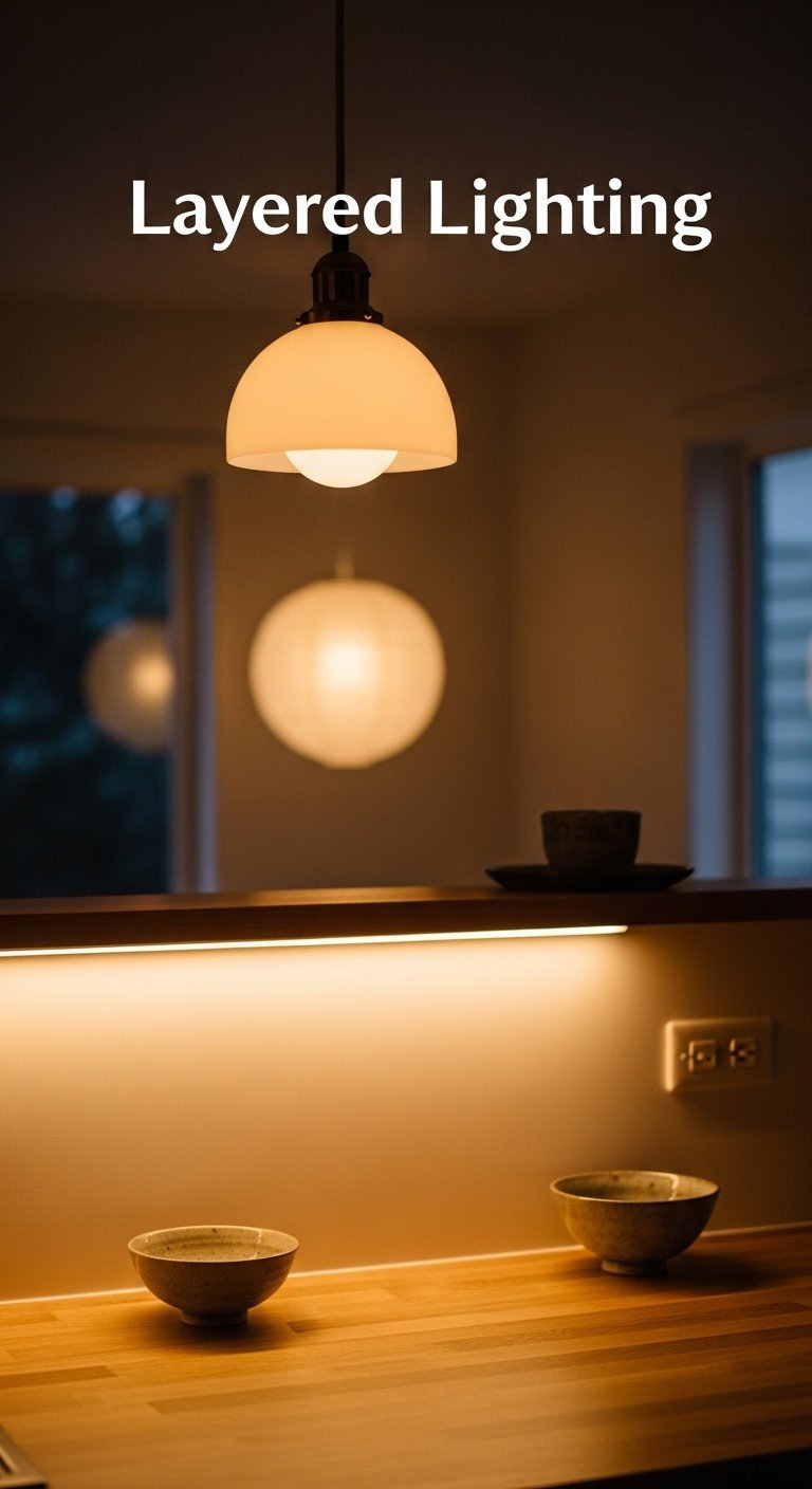 Layered lighting in a small Japanese kitchen with under cabinet LED strip and paper lantern pendant