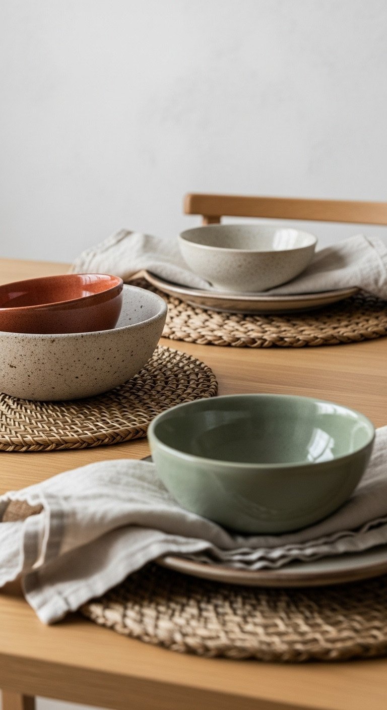 Layered natural textures in a kitchen dining nook with wood table seagrass placemats ceramic bowls and linen napkins