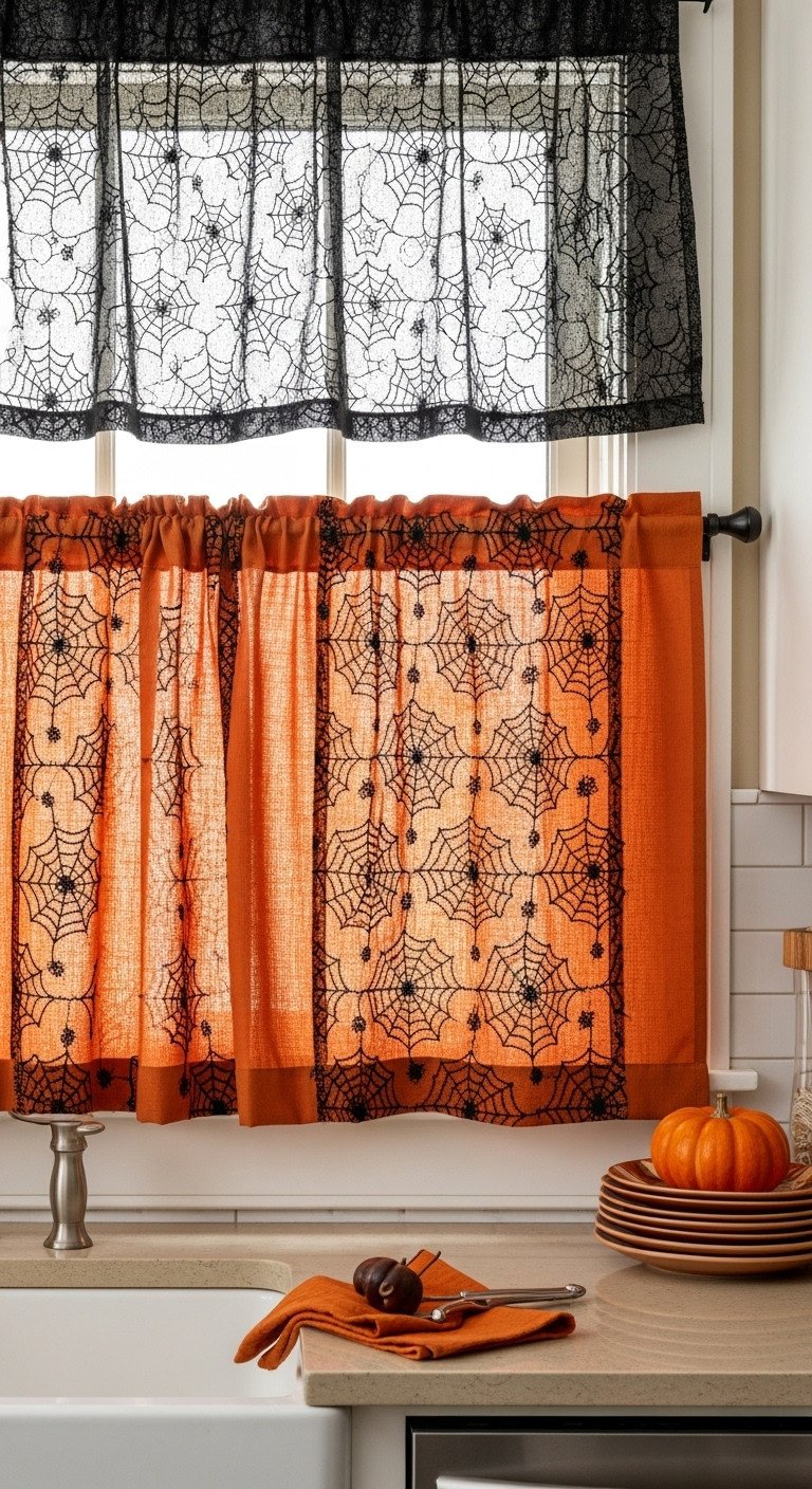 Layered orange and black lace spiderweb curtains in a kitchen window