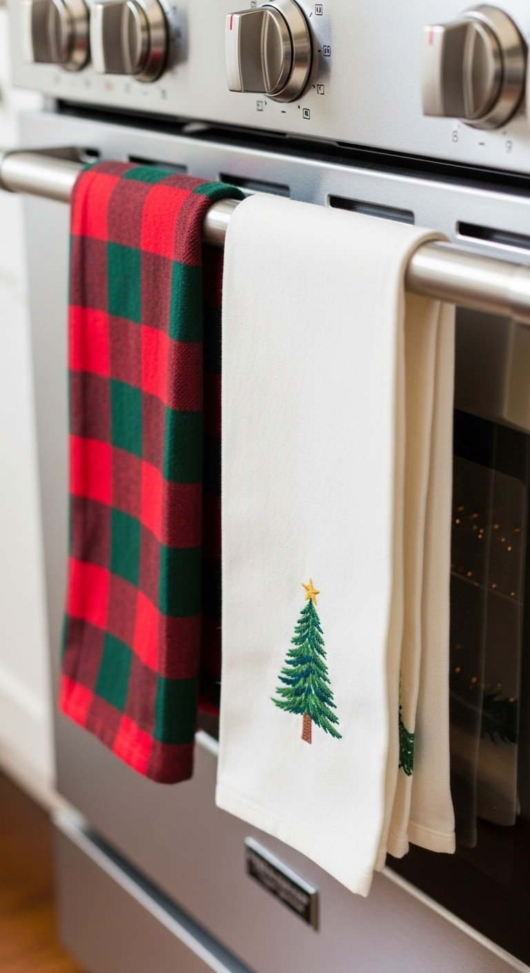 Layered red plaid and white embroidered evergreen tea towels hanging from a stainless steel oven handle