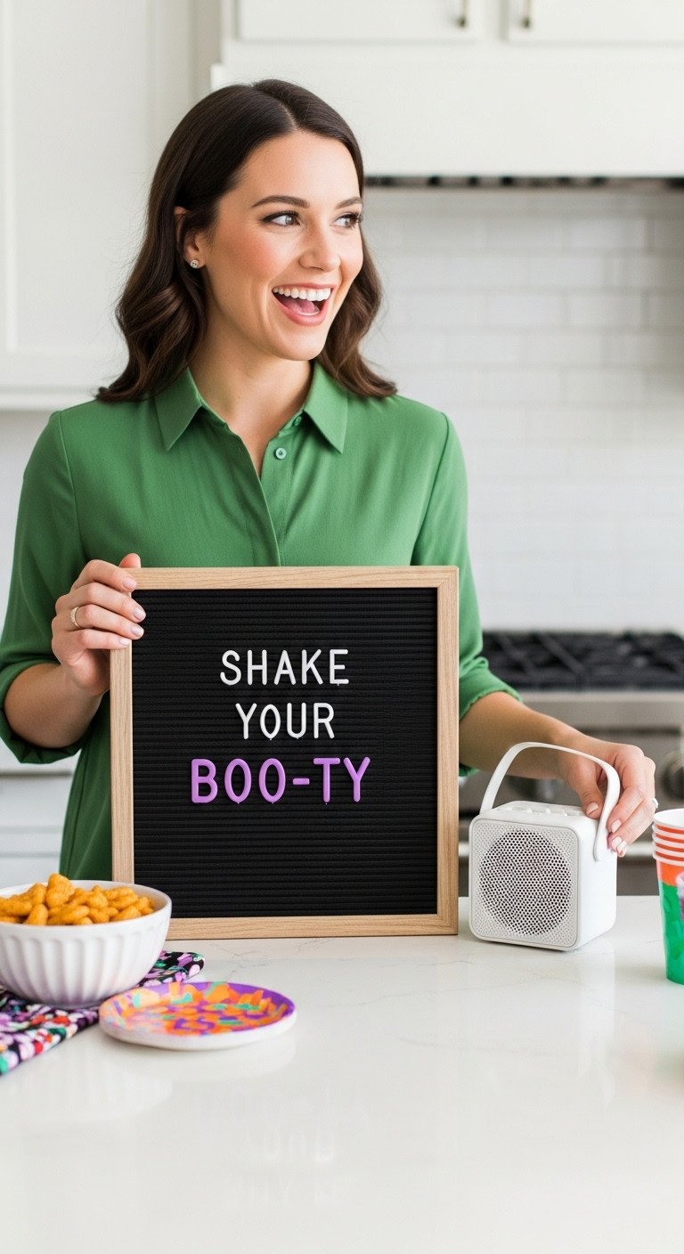 Letter board in a fun kitchen scene reads Shake Your Boo-ty with a portable speaker and Halloween snacks