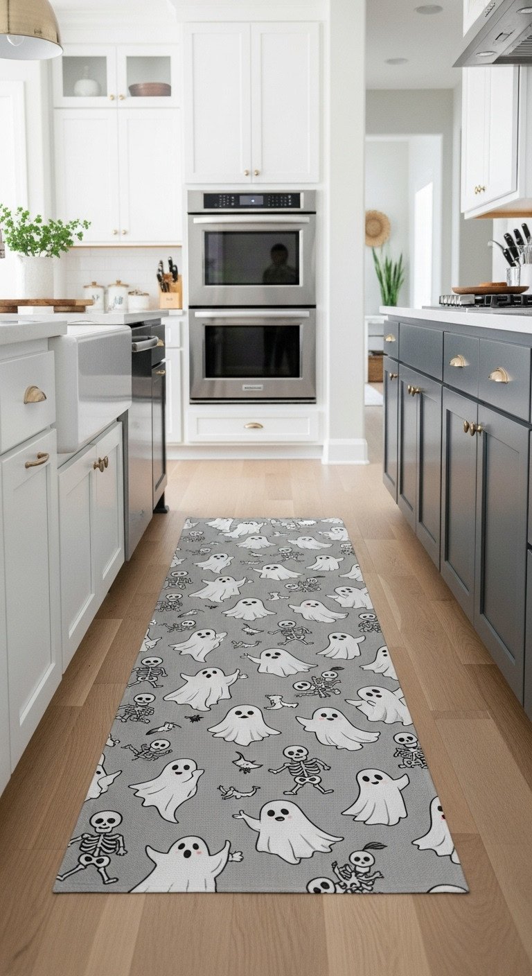 Light and airy kitchen with a whimsical ghost patterned kitchen runner